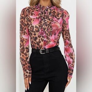NWT Floral Leopard Ruffle Tie-Neck Bodysuit